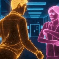 Un homme néon orange dance/twerk en face d'une femme néon rose