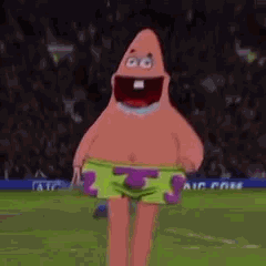 Patrick Étoile de mer version débile qui bave apparaît sur un terrain de football