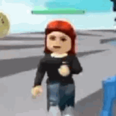 Un avatar Roblox aux cheveux rouges s'approche avec un regard énervé
