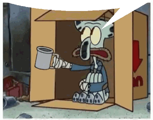 Carlo Tentacule mendie dans un carton avec une tasse