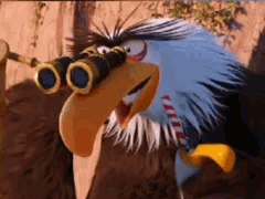 Aigle Vaillant/Mighty Eagle d'Angry Birds regarde dans des jumelles Ohhh !