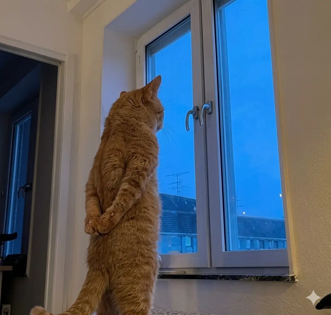 Un chat regarde par la fenetre les mains dans le dos