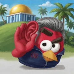 Red Angry Bird coiffé comme Jeffrey Epstein tend l'oreille