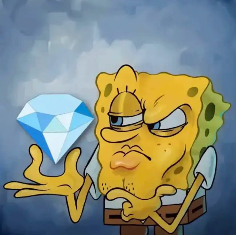 Bob l'éponge avec un visage suspicieux analysant un diamant