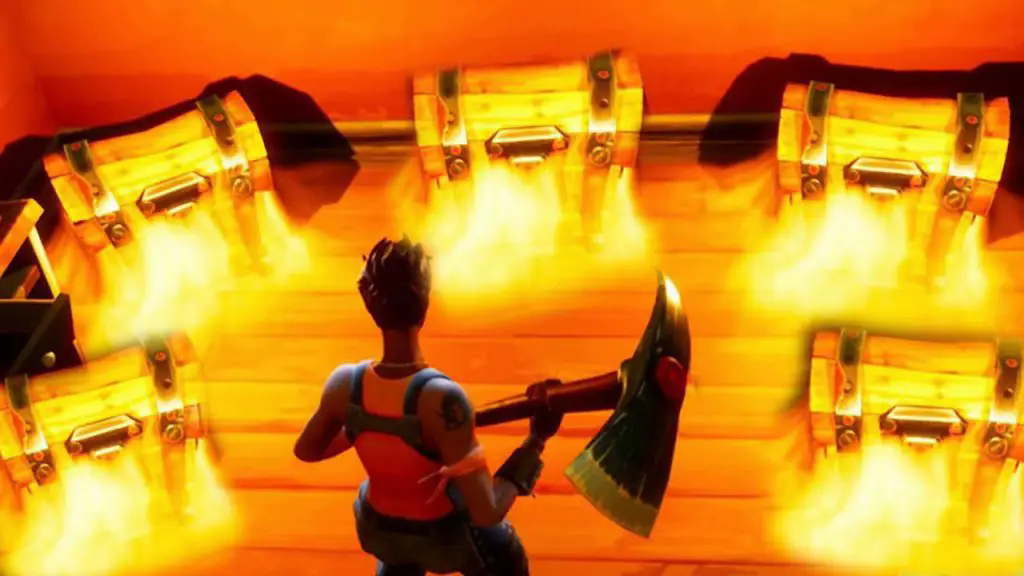 Un joueur de Fortnite entoure de coffres dorés lumineux