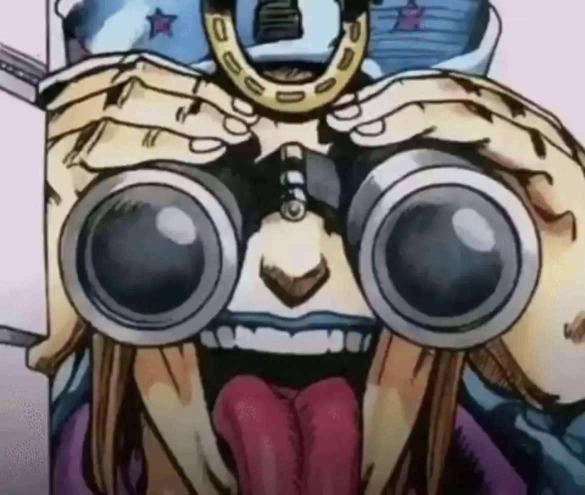 Johnny Joestar regarde dans des jumelles en tirant la langue
