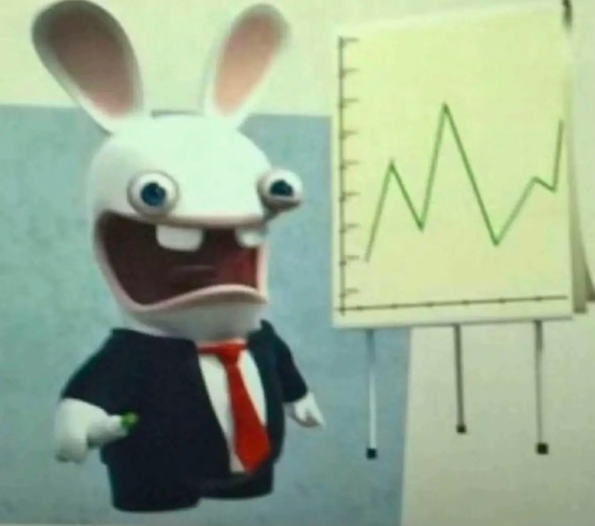 Un Lapin Crétin en costume présente un graphique
