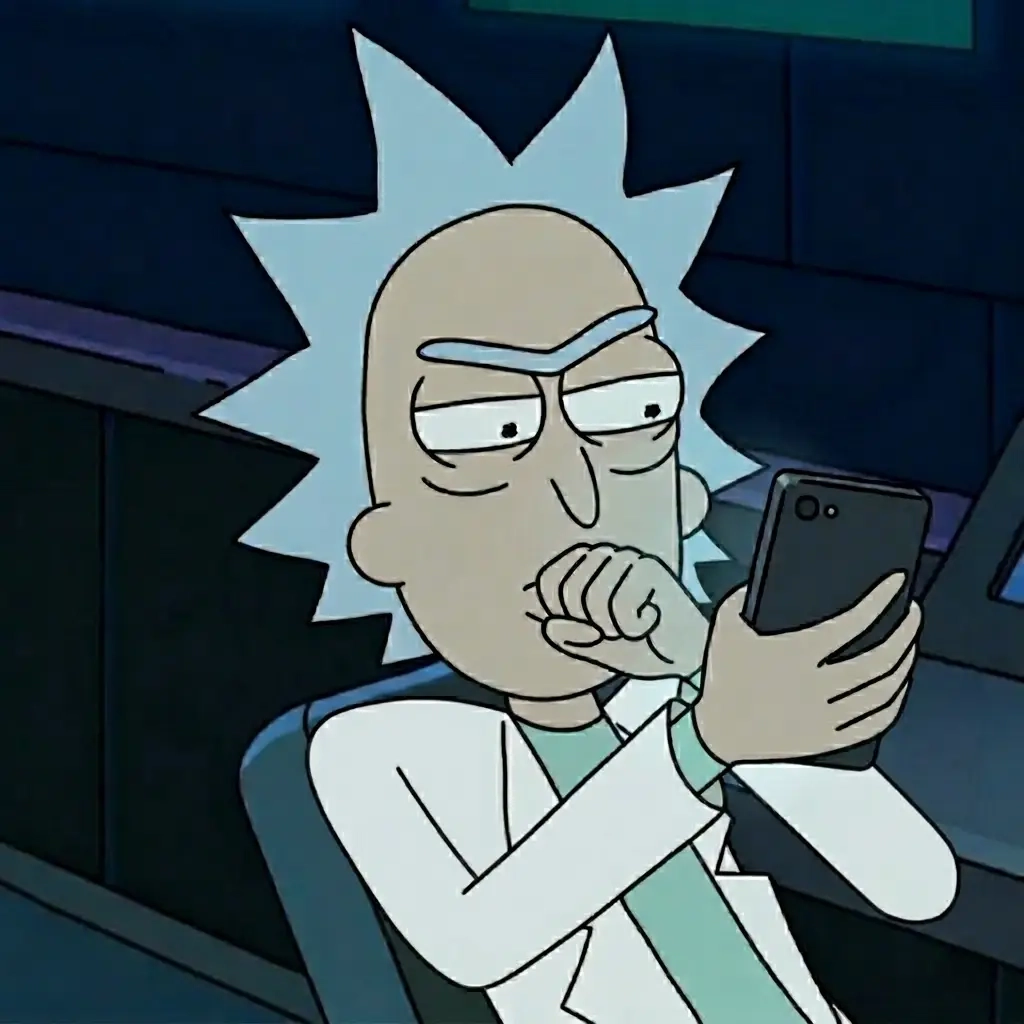 Rick Sanchez regarde son téléphone d'un air dubitatif