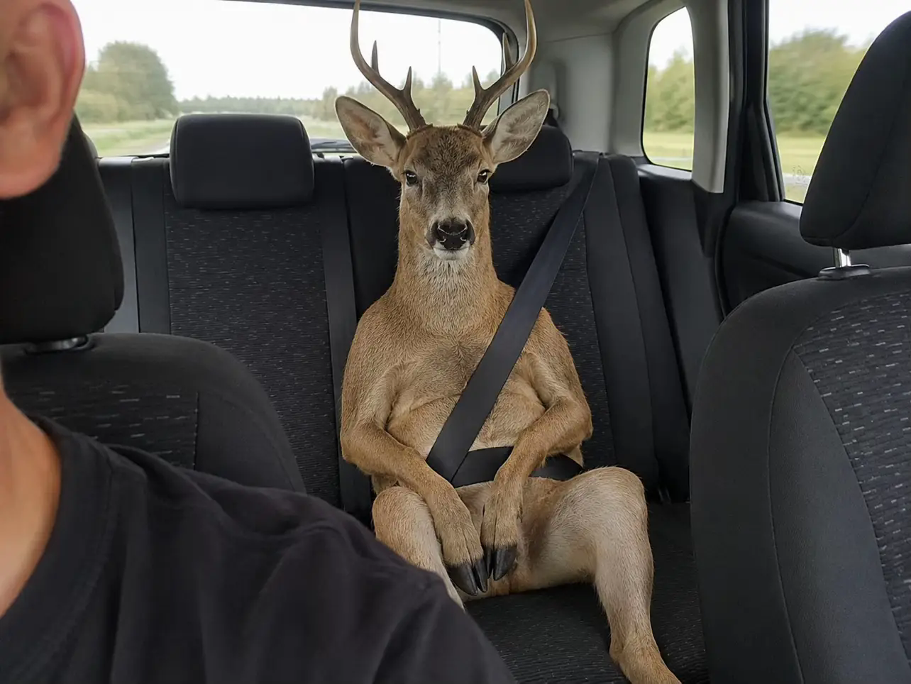Un cerf assis sagement attaché à l'arrière d'une voiture