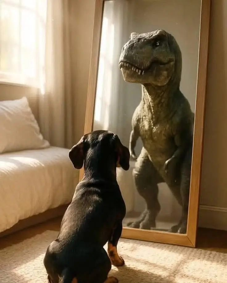 Un chien se regarde dans le miroir et voit un T-Rex