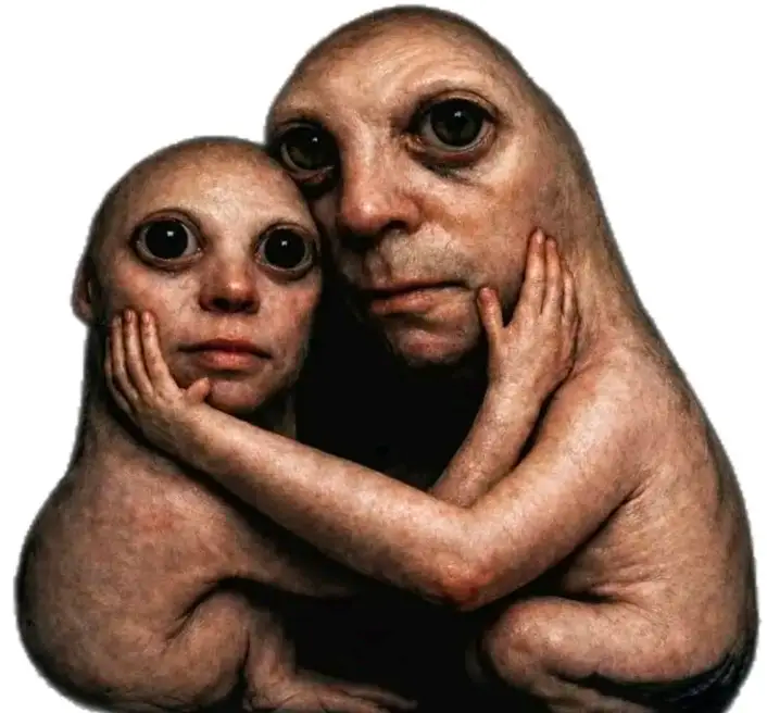Deux creatures humanoides chauves aux grands yeux s embrassent