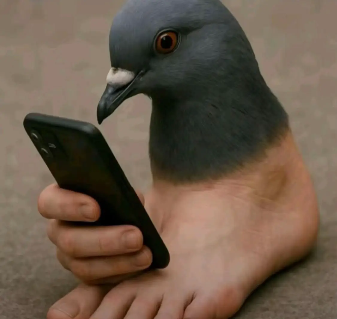 Un pigeon-pied regarde son smartphone
