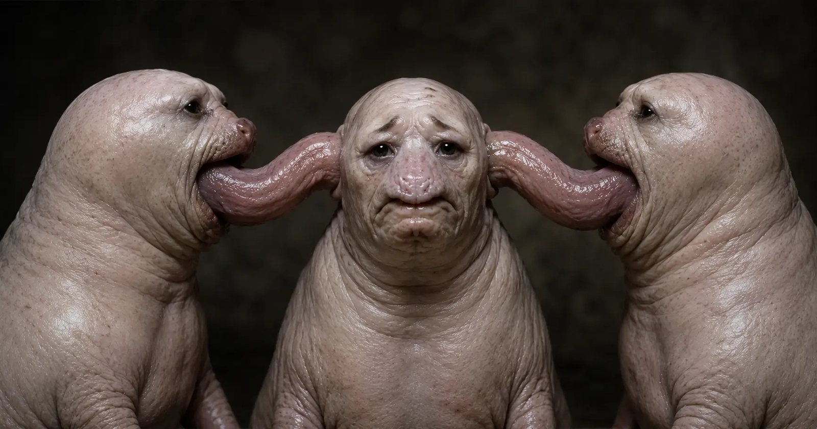 Une creature triste se fait lecher les oreilles par deux monstres