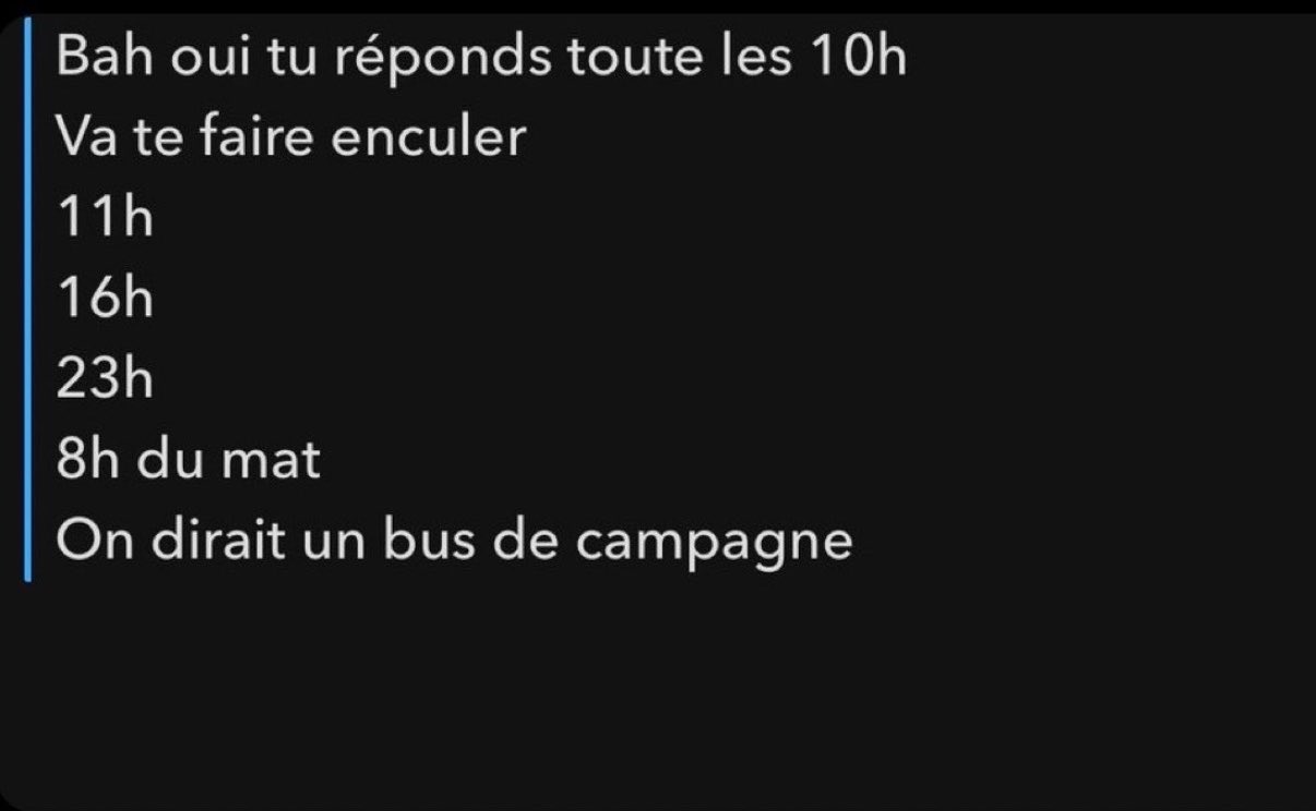 snapchat - Bah oui tu réponds tout les 10h, Va te faire enculer, 11h, 16h, 23h, 8h du mat, On dirait un bus de campagne