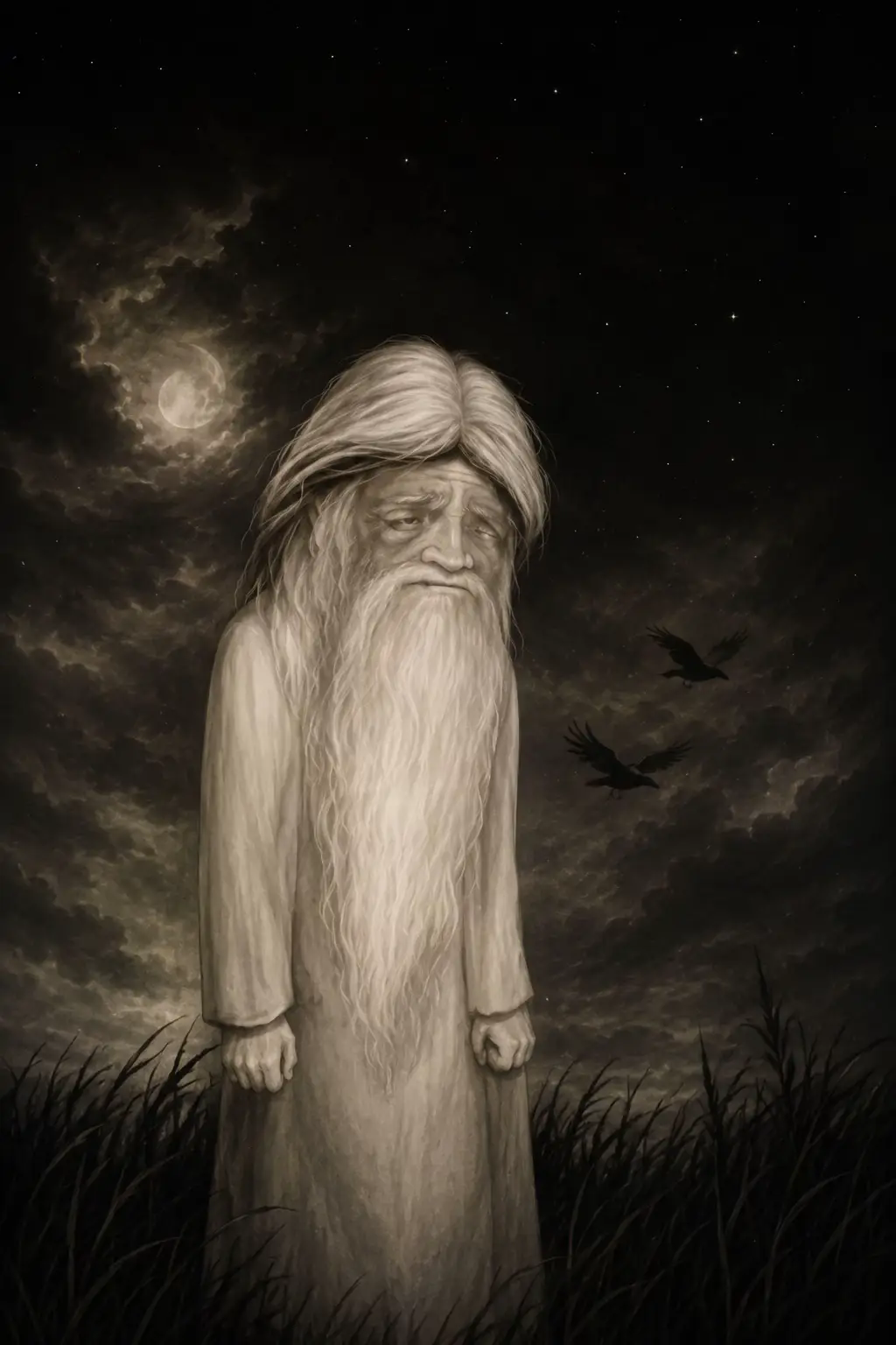 Un vieux sage barbu à l'allure de bite/paf/zgeg/zizi/pénis/gland regarde tristement vers le bas dans un paysage nocturne