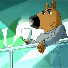 Chill Guy boit sa tasse de café sur un balcon