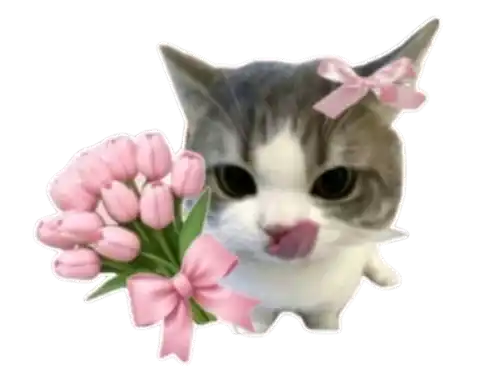 Un chat mignon porte un nœud rose et tient un bouquet de tulipes