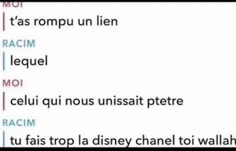 snapchat - t'as rompu un lien, lequel, celui qui nous unissait ptetre, tu fais trop la disney chanel toi wallah