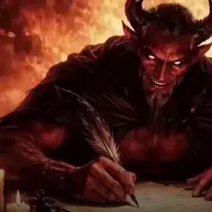 Diable écrivant avec une plume