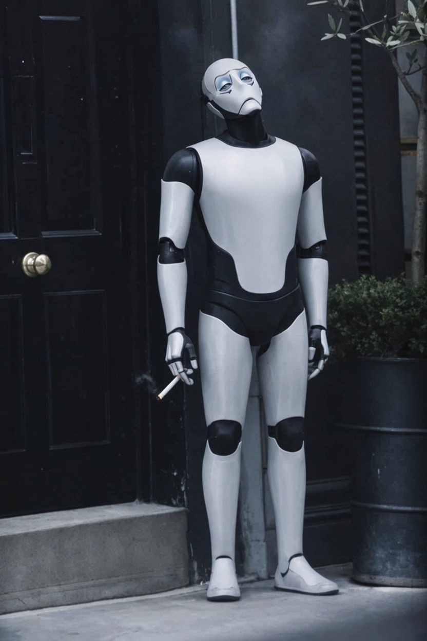 Robot dépréssif fumant une cigarette