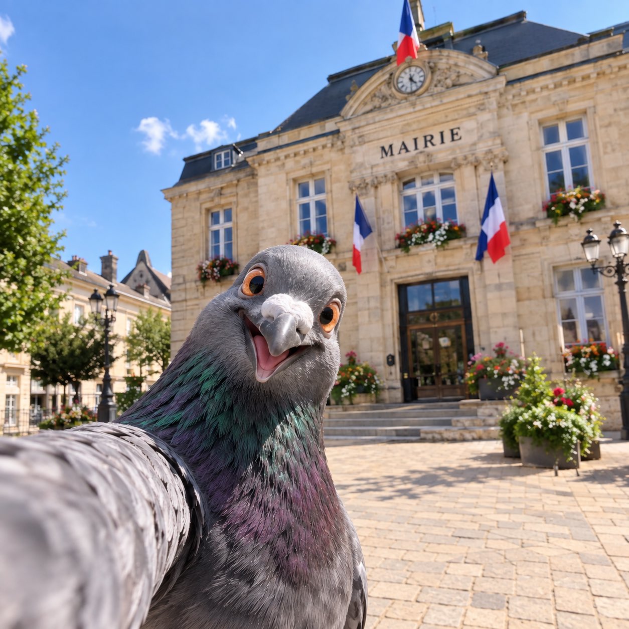 Pigeon prenant un selfie devant une mairie