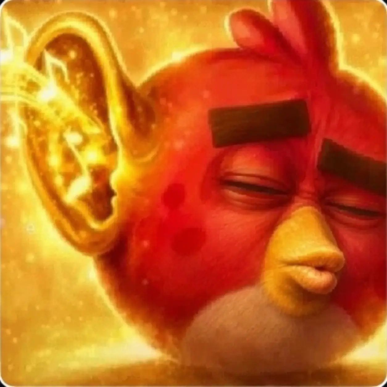 Red d'Angry Birds savourant de la musique avec une oreille doree