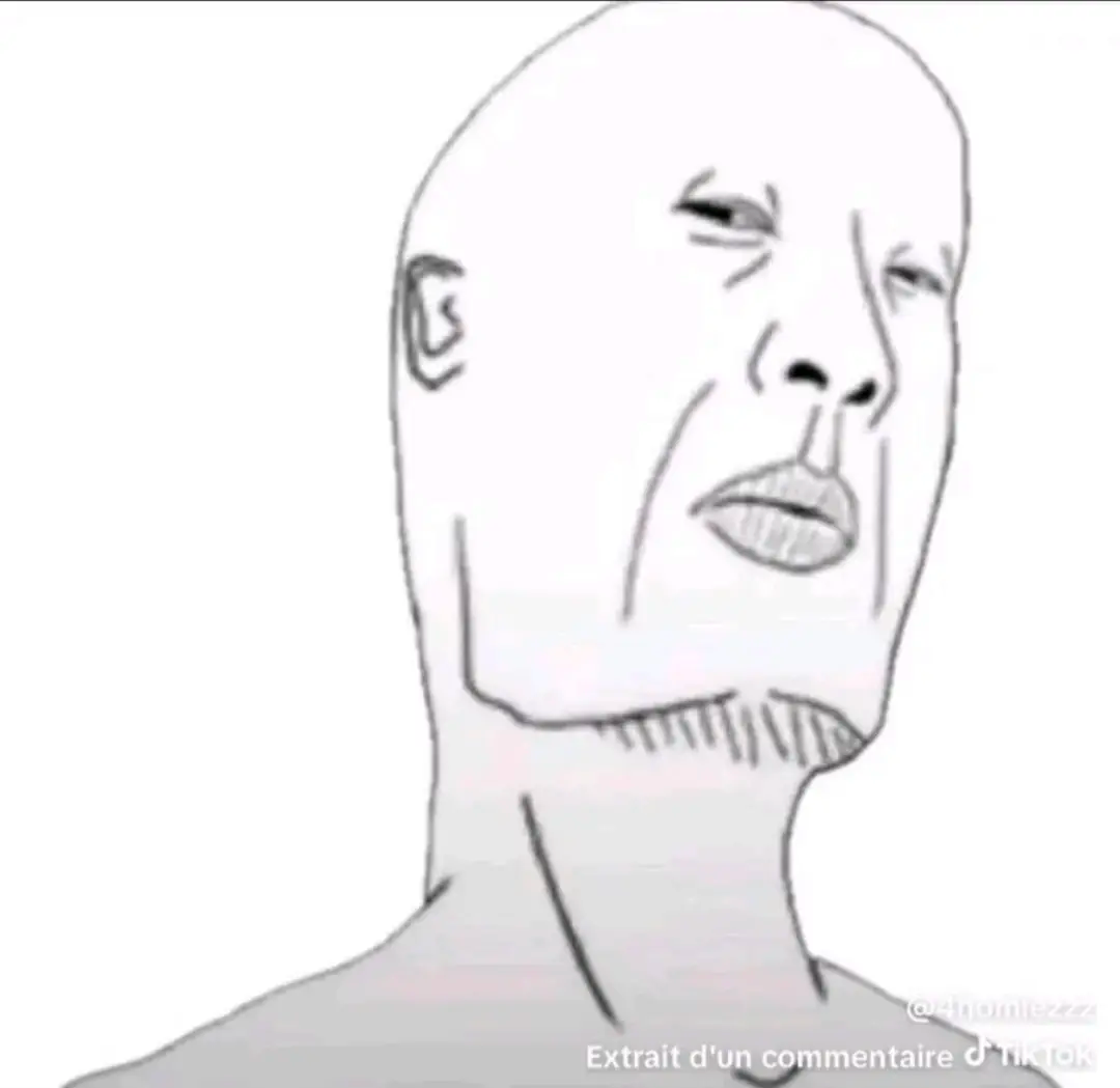 Dessin d'un homme chauve au menton carré regardant de haut