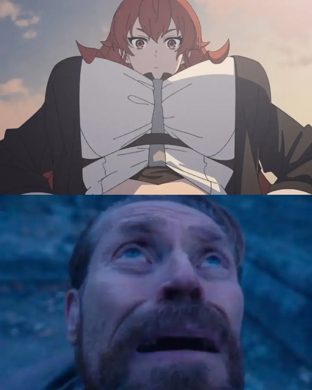 Eris Boreas Greyrat — Willem Dafoe regarde Eris de Mushoku Tensei en contre-plongee