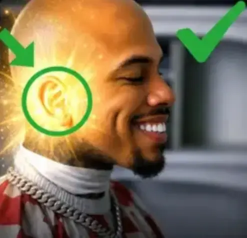 Homme souriant avec oreille lumineuse et coche verte