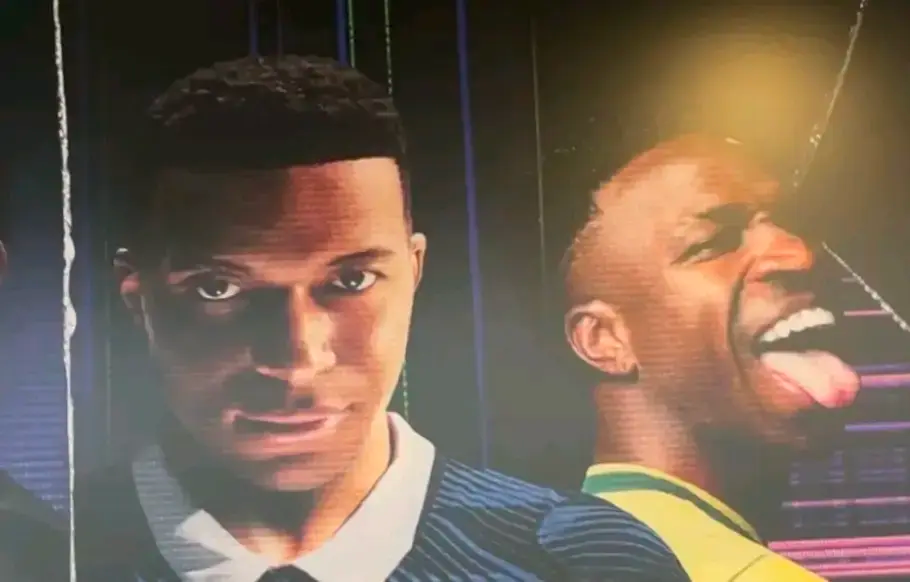 Kylian Mbappé fixant la caméra avec Vinícius Júnior tirant la langue