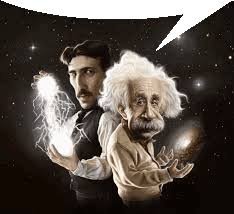 Nikola Tesla et Albert Einstein avec une bulle de dialogue