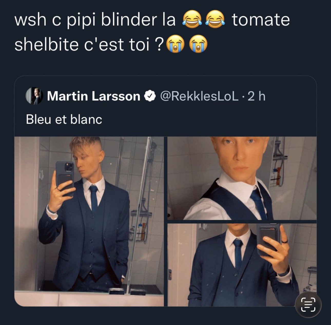 Rekkles en costume bleu et blanc moqué sur Twitter (wsh c pipi blinder la, tomate shelbite c'est toi ?)