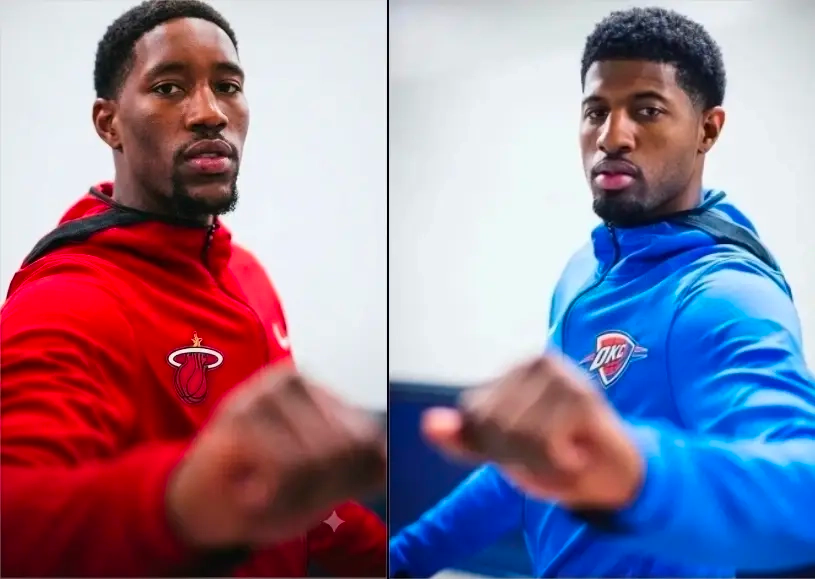 Bam Adebayo et Paul George tendant le poing