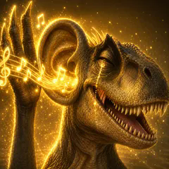 Dinosaure avec une grande oreille qui écoute de la musique