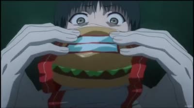 Personnage d'anime qui tente de manger un hamburger, mais finit par vomir