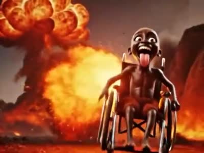 Un personnage en fauteuil roulant s'échappe d'une explosion de manière absurde