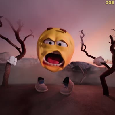 Emoji 3D Joe qui se contorsionne et tourne dans un paysage brumeux