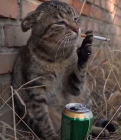 Chat qui fume une cigarette et boit une canette en pleurant