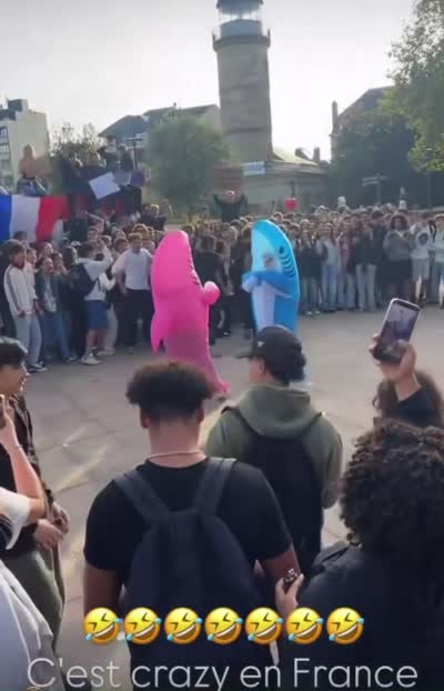 snapchat - Blocus lycée, Deux personnes en costume de requin qui se battent devant une foule