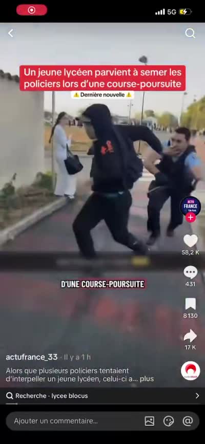 snapchat - Blocus lycée, Un policier tombe au sol en poursuivant un lycéen