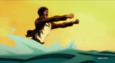 Black Dynamite nage dans l'eau en donnant des coups de bassin