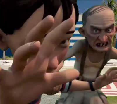 Monsieur Nebbercracker attrape DJ qui crie puis court sur la plage de l'ile de Jeffrey Eptsein